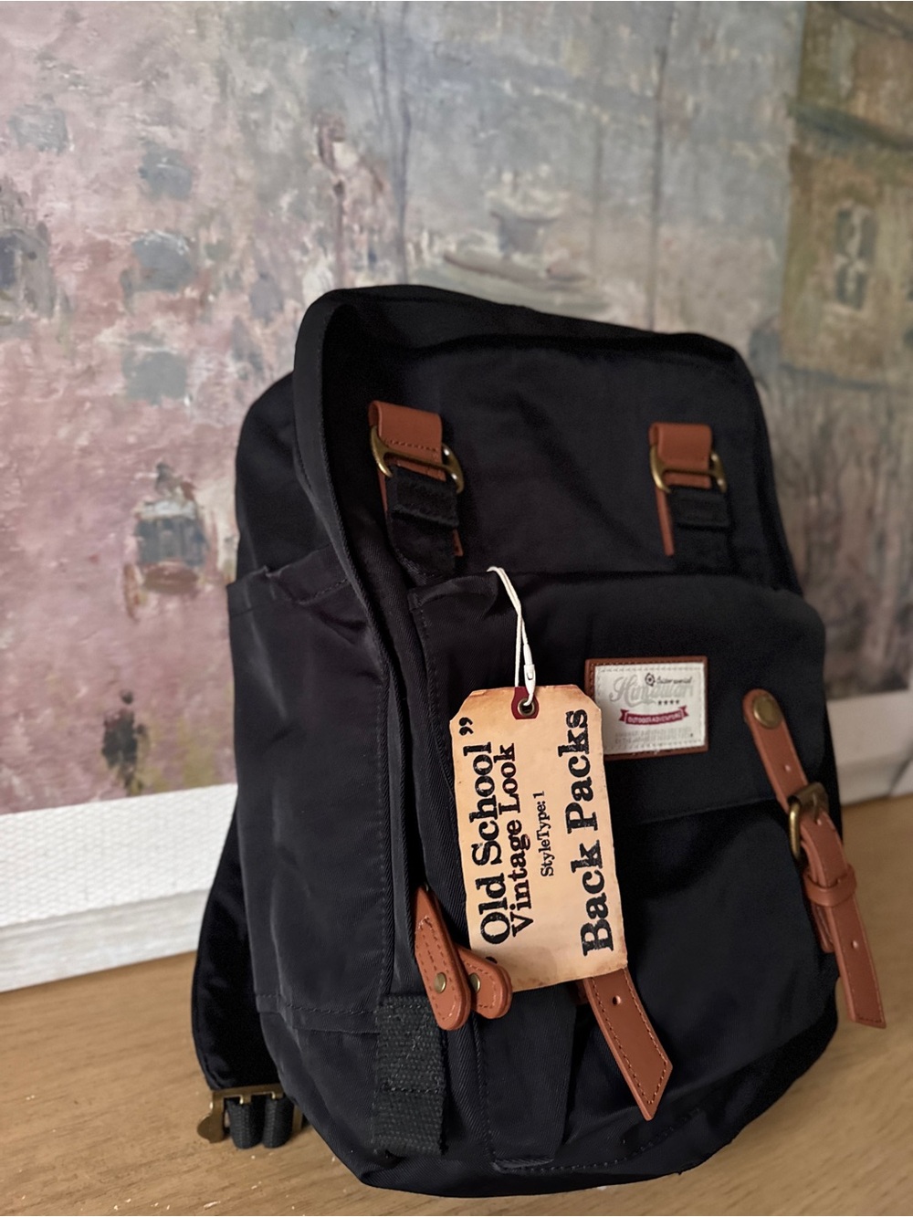 NWT Himawari Vintage-Inspired Black Canvas Backpack with Brown Trim - Picture 2 of 9